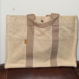 Hermes Canvas Tote Bag with Striped Handles